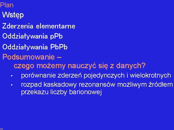 Plan Wstęp Zderzenia elementarne Oddziaływania p. Pb Oddziaływania Pb. Pb Podsumowanie – czego możemy