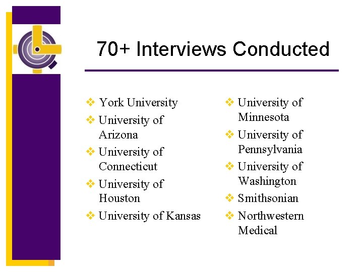 70+ Interviews Conducted v York University v University of Arizona v University of Connecticut
