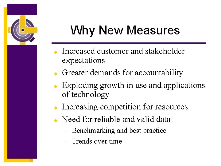 Why New Measures u u u Increased customer and stakeholder expectations Greater demands for
