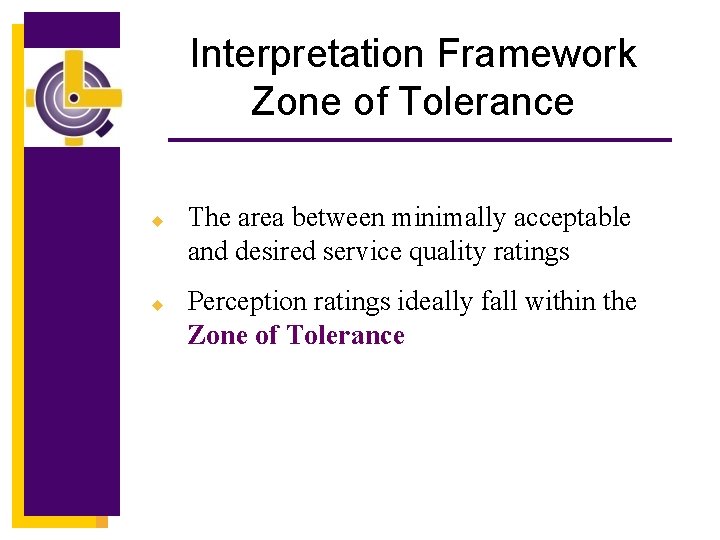 Interpretation Framework Zone of Tolerance u u The area between minimally acceptable and desired