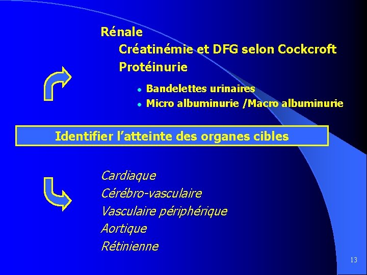 Rénale Créatinémie et DFG selon Cockcroft Protéinurie l l Bandelettes urinaires Micro albuminurie /Macro