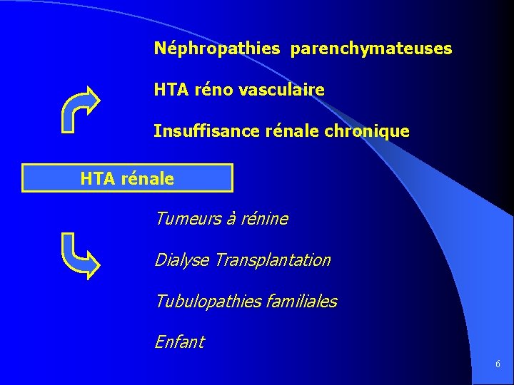 Néphropathies parenchymateuses HTA réno vasculaire Insuffisance rénale chronique HTA rénale Tumeurs à rénine Dialyse