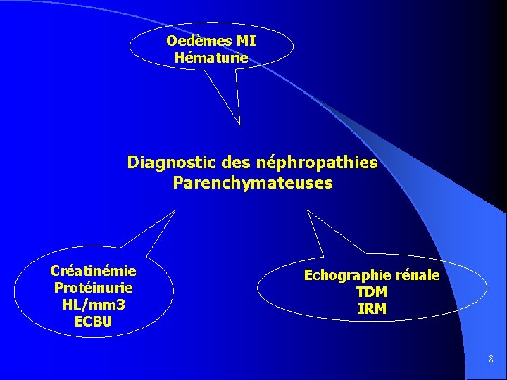 Oedèmes MI Hématurie Diagnostic des néphropathies Parenchymateuses Créatinémie Protéinurie HL/mm 3 ECBU Echographie rénale