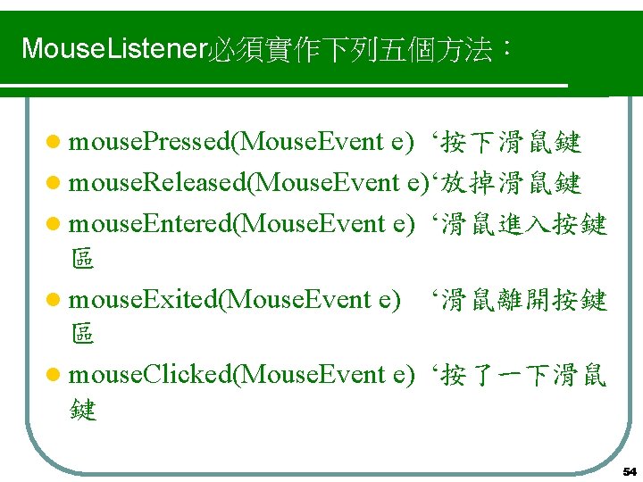Mouse. Listener必須實作下列五個方法： l mouse. Pressed(Mouse. Event e) ‘按下滑鼠鍵 l mouse. Released(Mouse. Event e)‘放掉滑鼠鍵 l