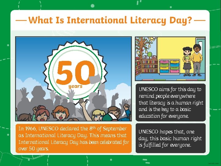 50 years In 1966, UNESCO declared the 8 th of September as International Literacy