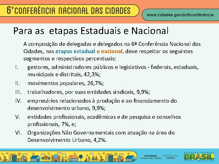 Para as etapas Estaduais e Nacional A composição de delegadas e delegados na 6ª