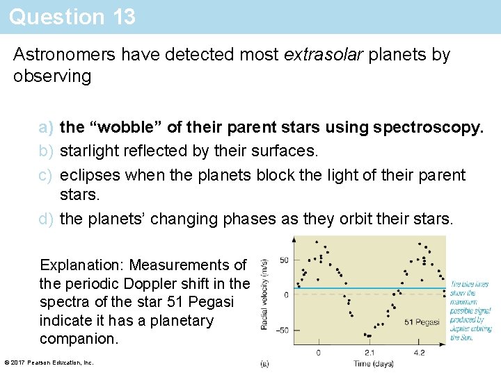 Question 13 Astronomers have detected most extrasolar planets by observing a) the “wobble” of