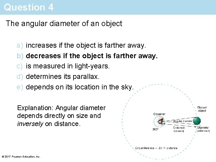 Question 4 The angular diameter of an object a) b) c) d) e) increases