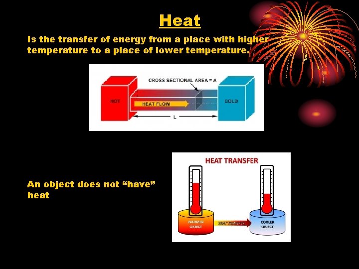 Heat Is the transfer of energy from a place with higher temperature to a