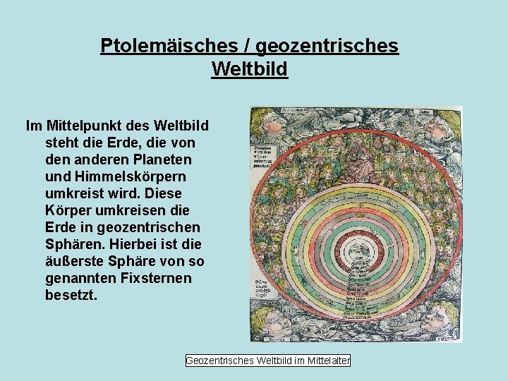 Ptolemäisches / geozentrisches Weltbild Im Mittelpunkt des Weltbild steht die Erde, die von den