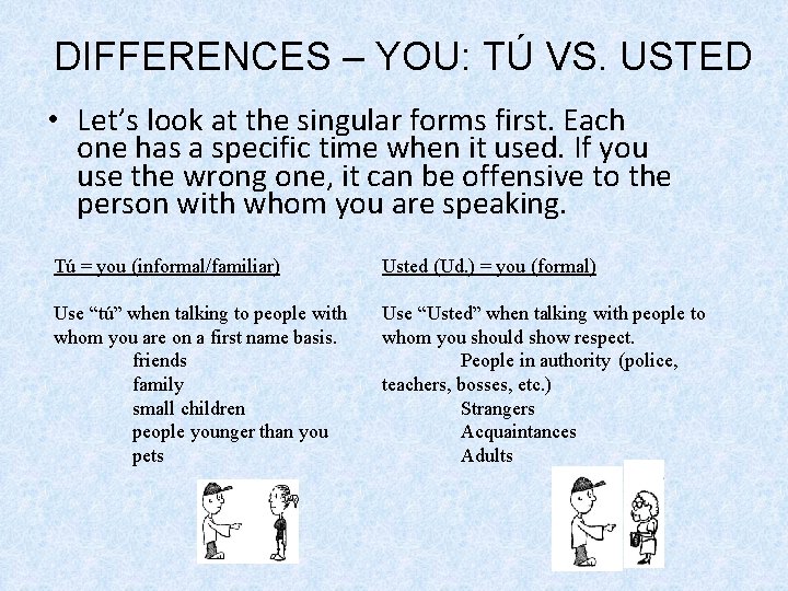 DIFFERENCES – YOU: TÚ VS. USTED • Let’s look at the singular forms first.