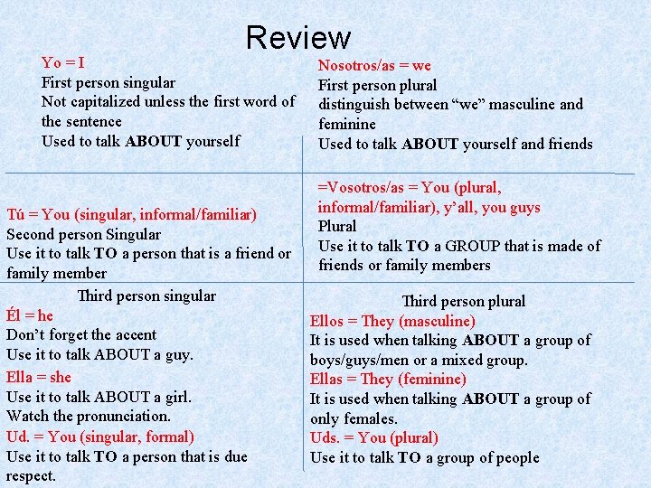 Review Yo = I First person singular Not capitalized unless the first word of