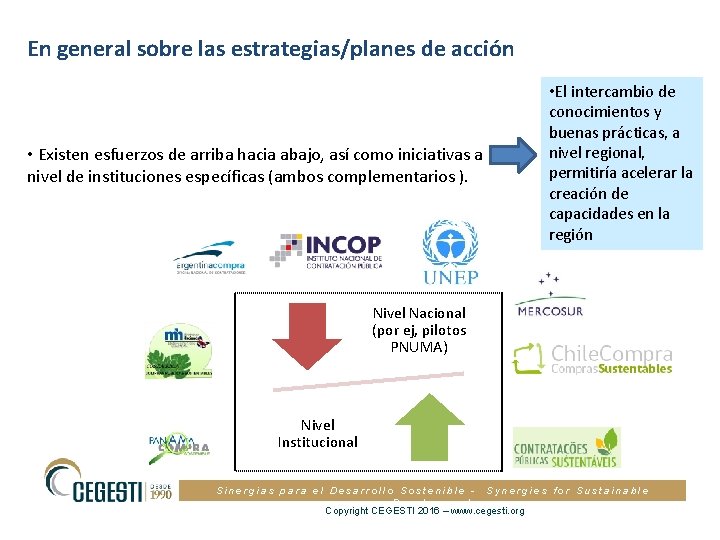 En general sobre las estrategias/planes de acción • Existen esfuerzos de arriba hacia abajo,