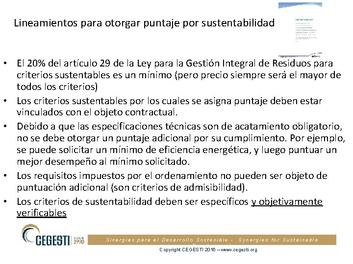 Lineamientos para otorgar puntaje por sustentabilidad • El 20% del artículo 29 de la