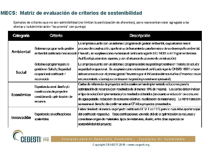 MECS: Matriz de evaluación de criterios de sostenibilidad Ejemplos de criterios que no son