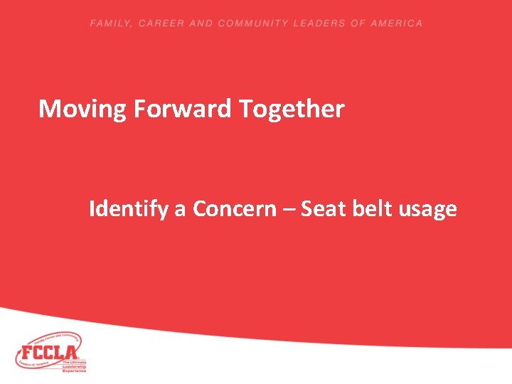 Moving Forward Together Identify a Concern – Seat belt usage 