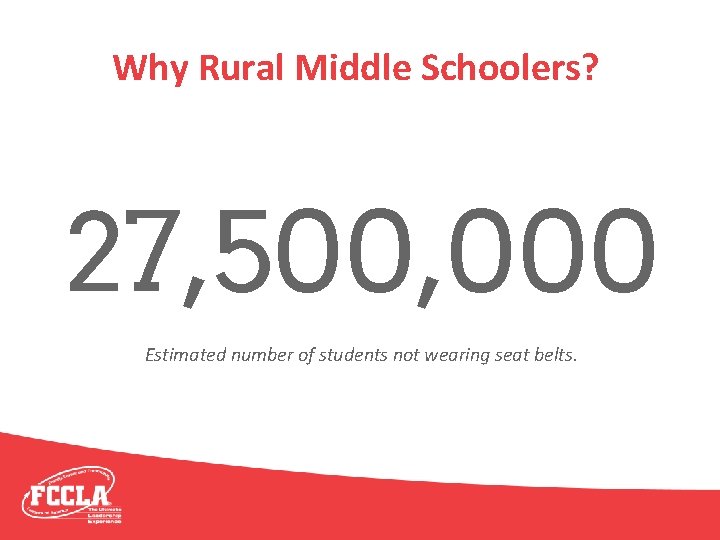 Why Rural Middle Schoolers? 27, 500, 000 Estimated number of students not wearing seat