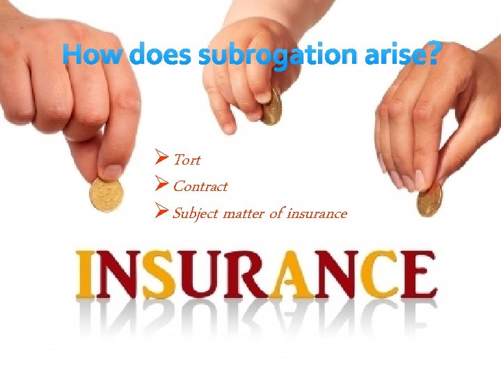 How does subrogation arise? ØTort ØContract ØSubject matter of insurance 