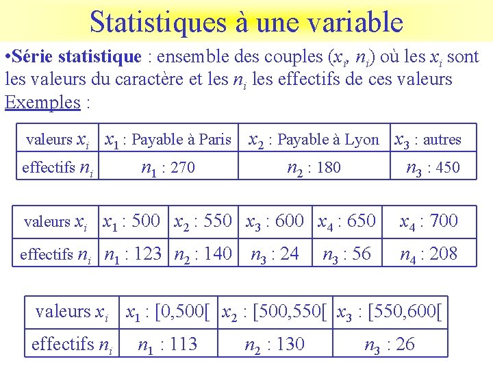 Statistiques à une variable • Série statistique : ensemble des couples (xi, ni) où