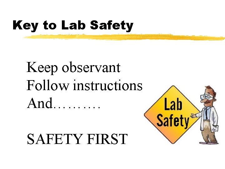 Key to Lab Safety Keep observant Follow instructions And………. SAFETY FIRST 