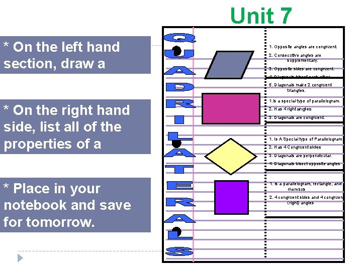 Unit 7 * On the left hand section, draw a square. * On the