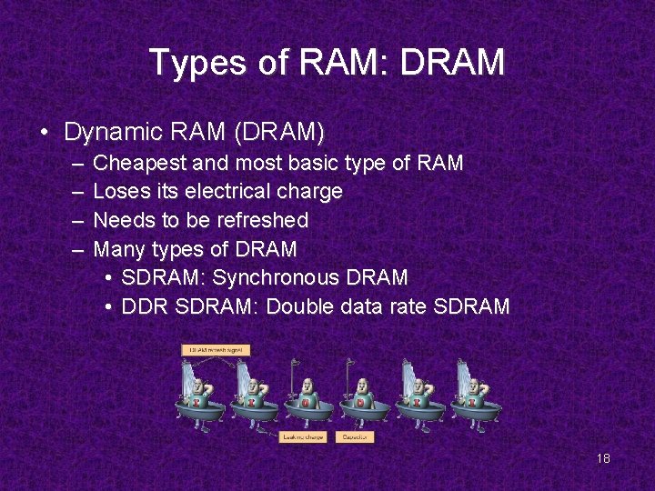 Types of RAM: DRAM • Dynamic RAM (DRAM) – – Cheapest and most basic
