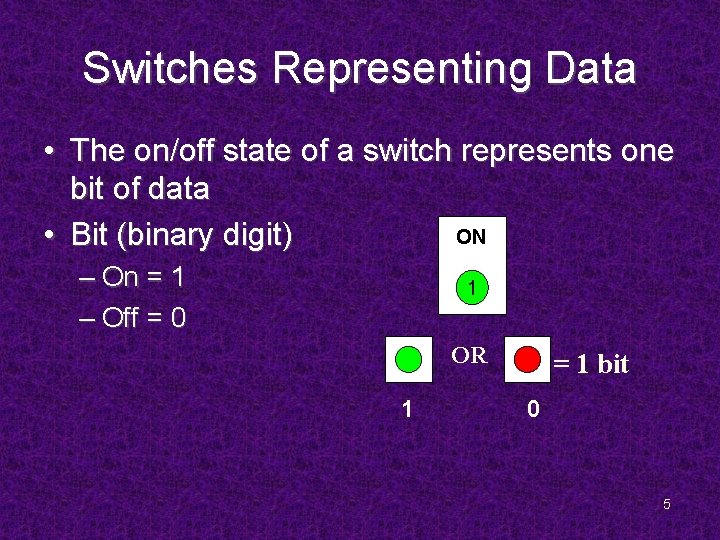 Switches Representing Data • The on/off state of a switch represents one bit of