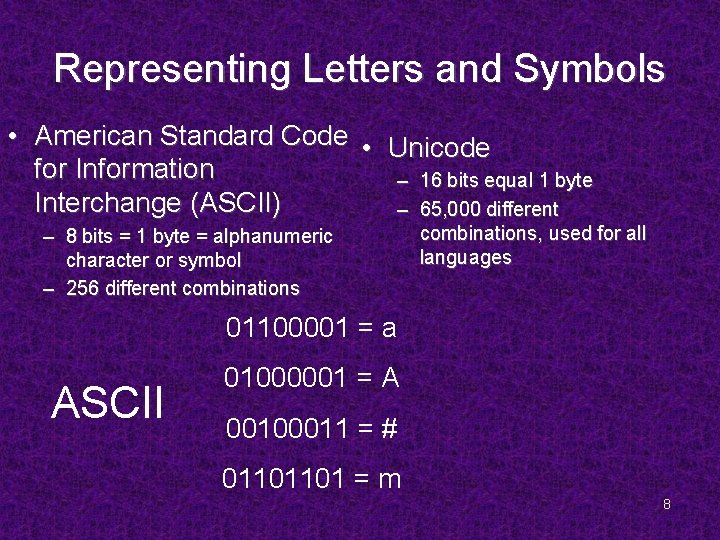 Representing Letters and Symbols • American Standard Code • Unicode for Information – 16