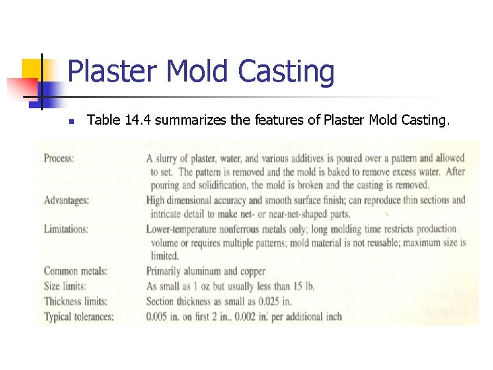 Plaster Mold Casting n Table 14. 4 summarizes the features of Plaster Mold Casting.