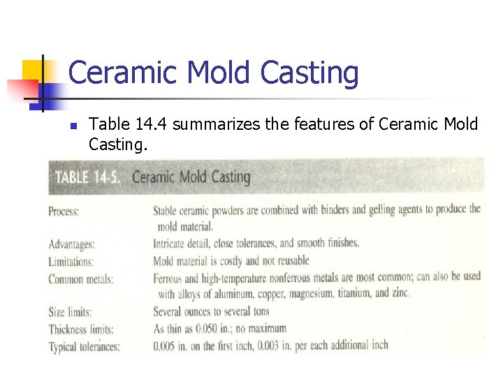 Ceramic Mold Casting n Table 14. 4 summarizes the features of Ceramic Mold Casting.