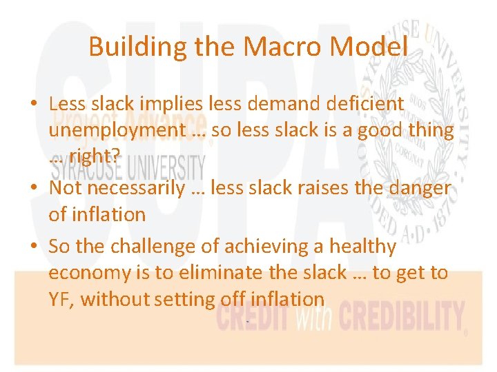 Building the Macro Model • Less slack implies less demand deficient unemployment … so