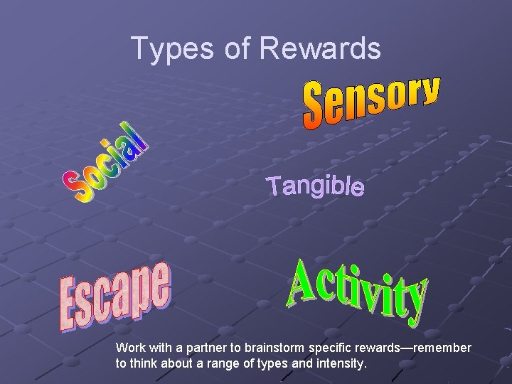 Types of Rewards Work with a partner to brainstorm specific rewards—remember to think about