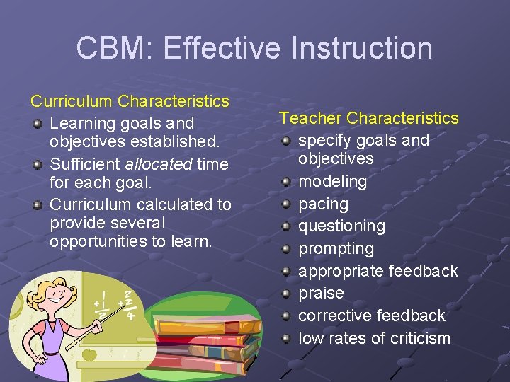 CBM: Effective Instruction Curriculum Characteristics Learning goals and objectives established. Sufficient allocated time for