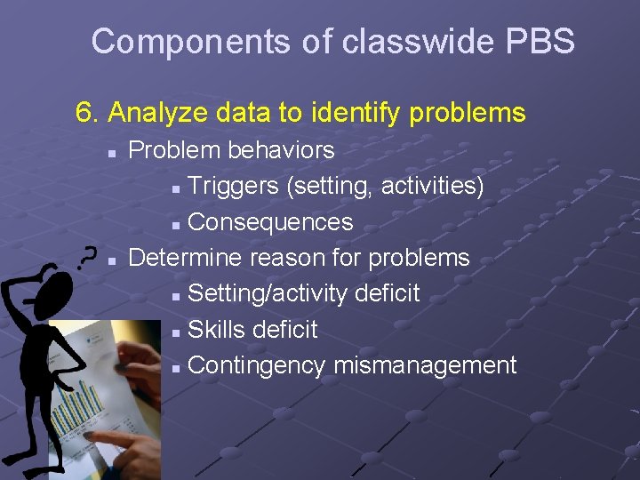 Components of classwide PBS 6. Analyze data to identify problems n n Problem behaviors