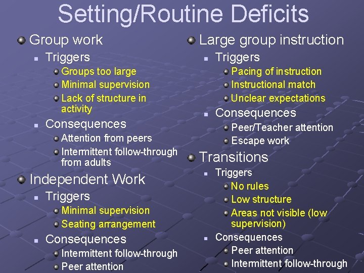 Setting/Routine Deficits Group work n Triggers Groups too large Minimal supervision Lack of structure