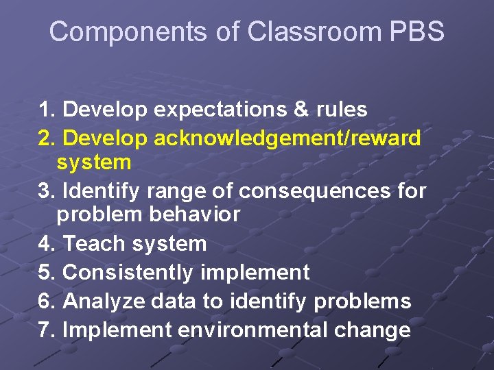 Components of Classroom PBS 1. Develop expectations & rules 2. Develop acknowledgement/reward system 3.