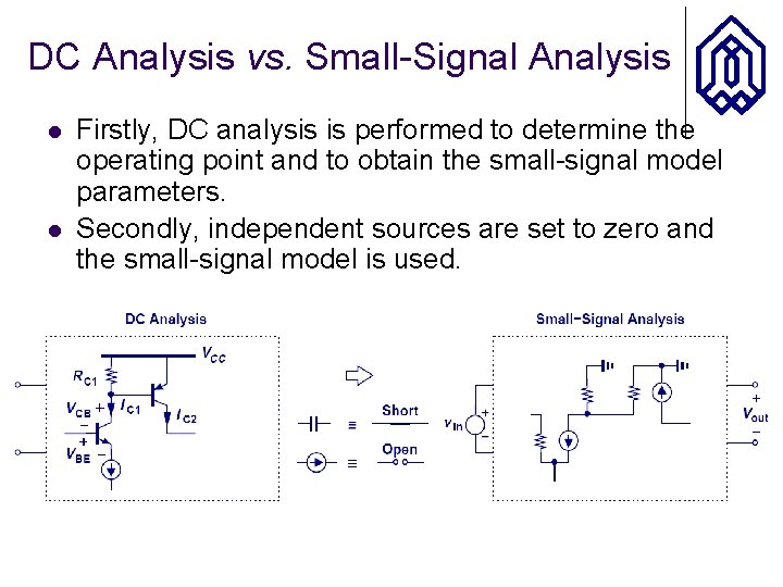 DC Analysis vs. Small-Signal Analysis l l Firstly, DC analysis is performed to determine