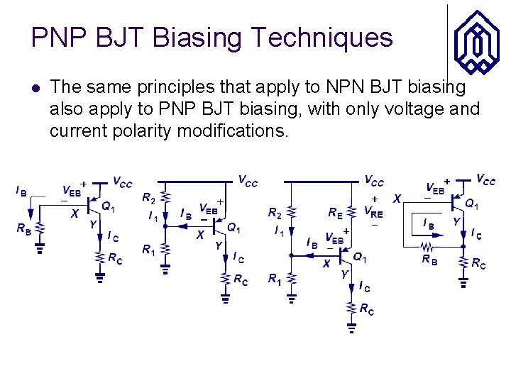 PNP BJT Biasing Techniques l The same principles that apply to NPN BJT biasing
