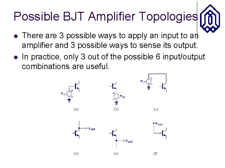 Possible BJT Amplifier Topologies l l There are 3 possible ways to apply an