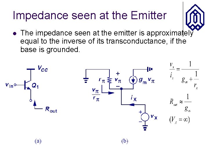 Impedance seen at the Emitter l The impedance seen at the emitter is approximately