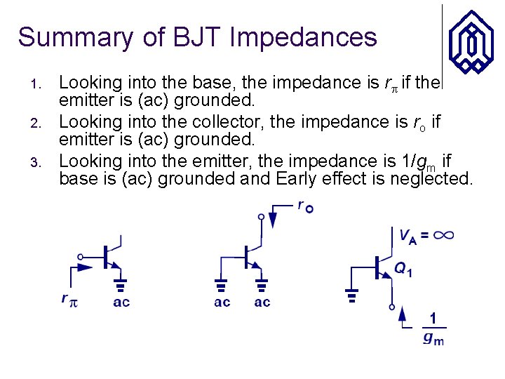 Summary of BJT Impedances 1. 2. 3. Looking into the base, the impedance is