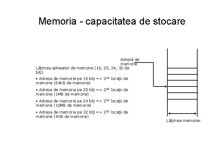Memoria - capacitatea de stocare Adresă de memorie Lăţimea adreselor de memorie (16, 20,
