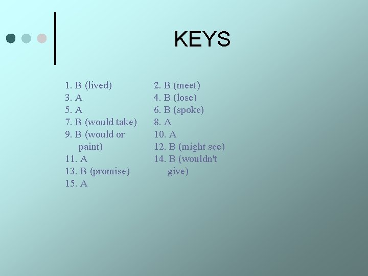 KEYS 1. В (lived) 3. А 5. А 7. В (would take) 9. В