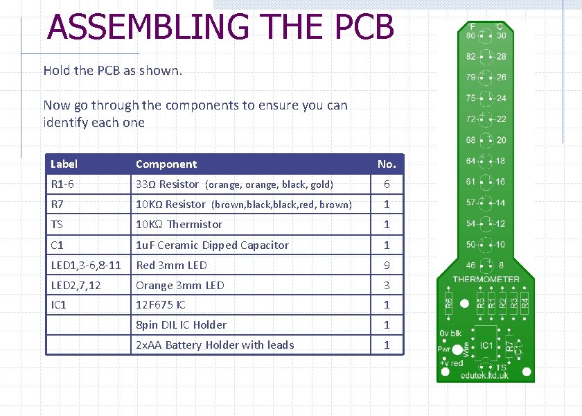 ASSEMBLING THE PCB Hold the PCB as shown. Now go through the components to