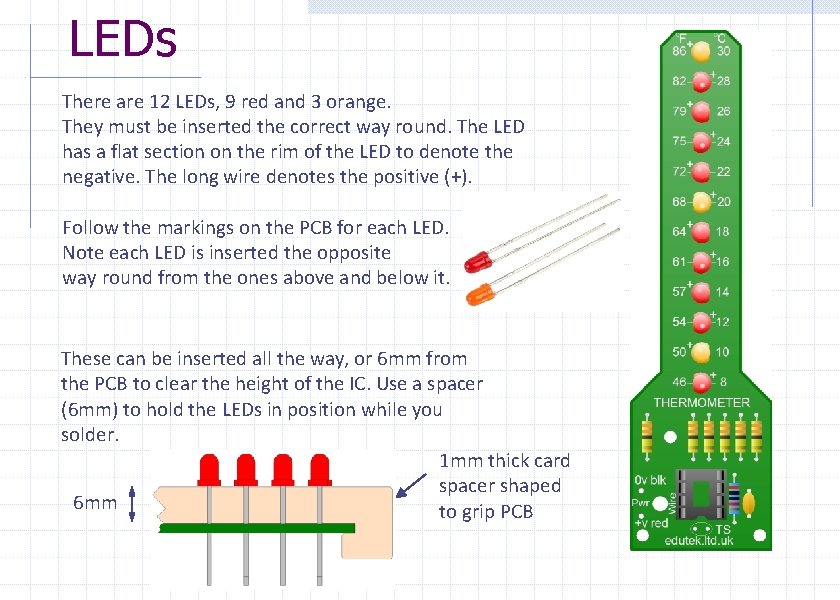 LEDs There are 12 LEDs, 9 red and 3 orange. They must be inserted