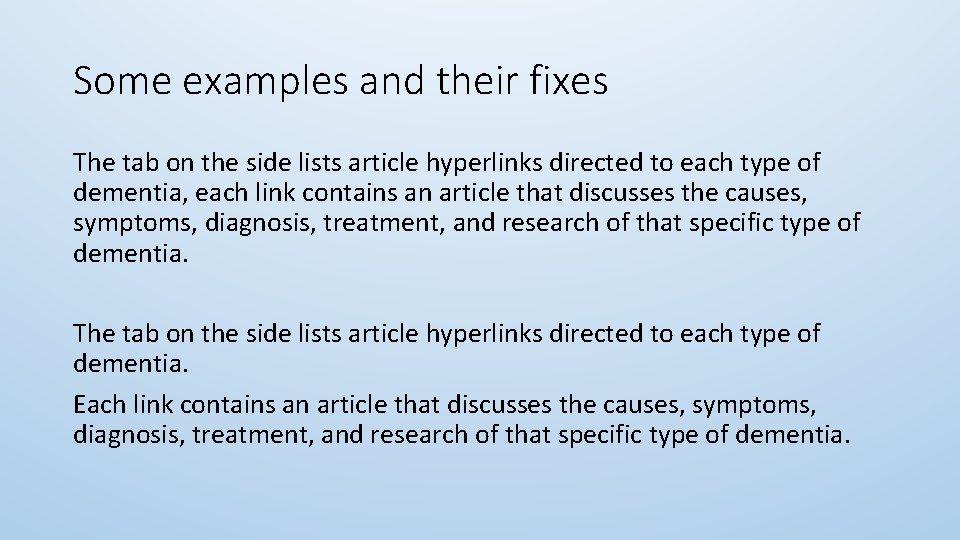 Some examples and their fixes The tab on the side lists article hyperlinks directed