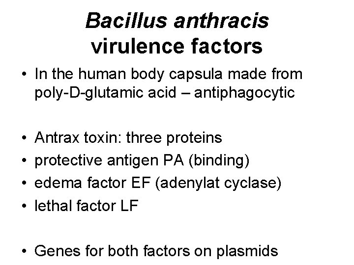Bacillus anthracis virulence factors • In the human body capsula made from poly-D-glutamic acid