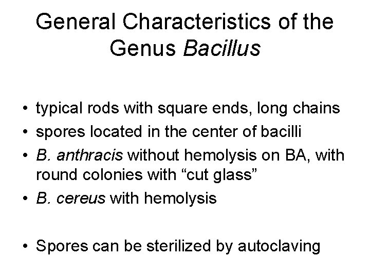 General Characteristics of the Genus Bacillus • typical rods with square ends, long chains