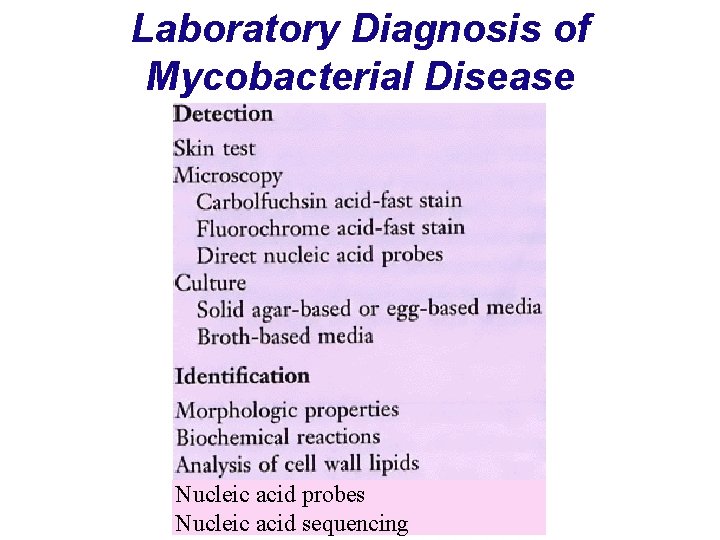 Laboratory Diagnosis of Mycobacterial Disease Nucleic acid probes Nucleic acid sequencing 