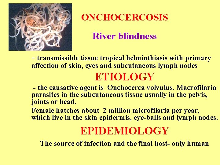 ONCHOCERCOSIS River blindness - transmissible tissue tropical helminthiasis with primary affection of skin, eyes